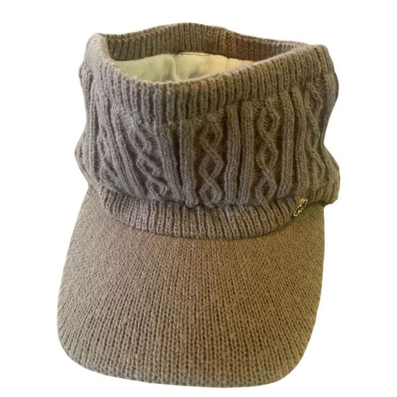 1 LEFT! Womens Knit Beanie Visor Hat W/Ponytail Opening – Beige Fleece Lined-OS